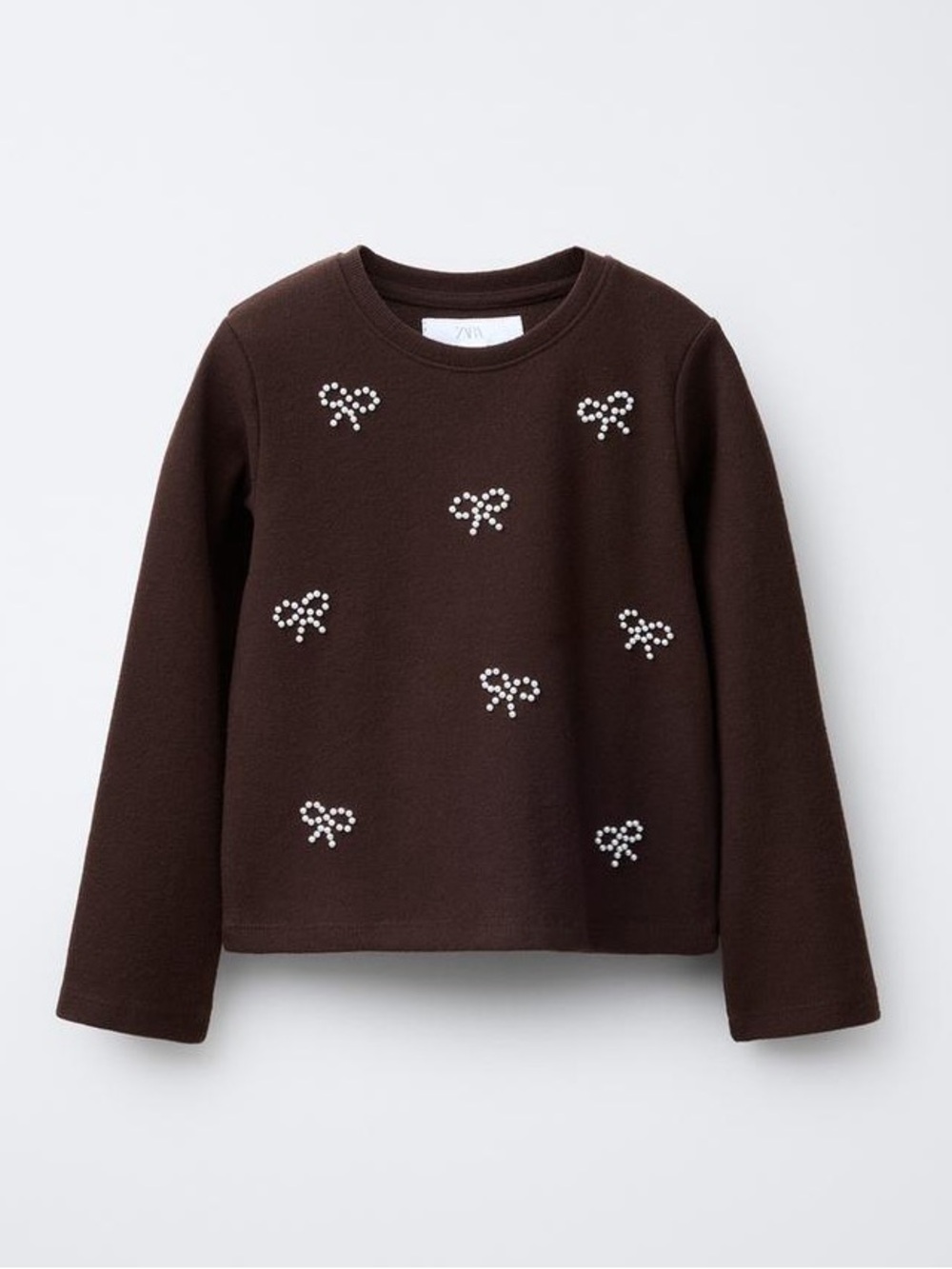 NWT Zara Girls Kids SOFT TOUCH PEARL BOW T-SHIRT Long Sleeve Size 13 - 14